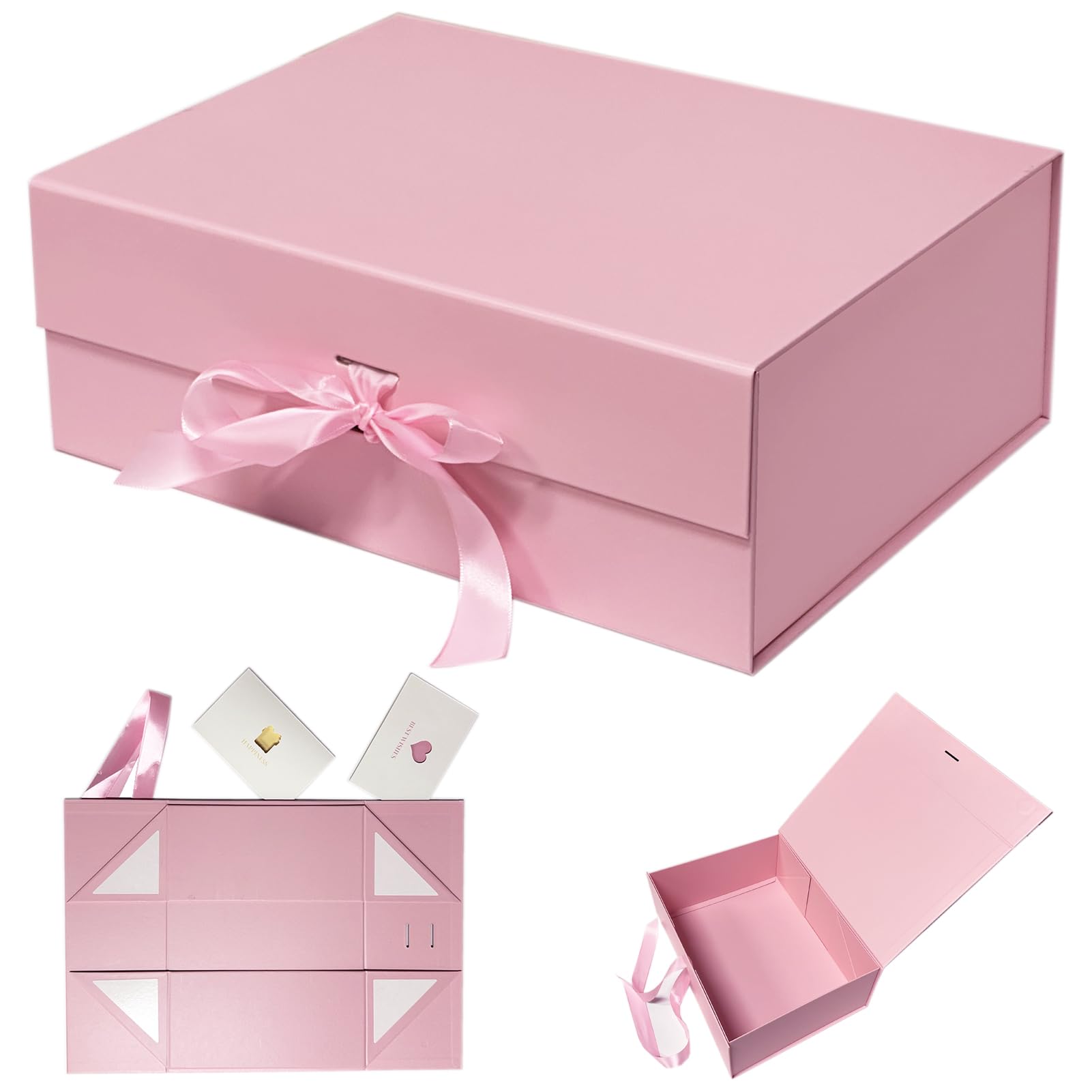 AlGuirnex Gift Box Foldable 34x25x13cm with Magnetic Lid, Premium Present Box with Ribbon & 2 Greeting Cards – Luxury Flat-Pack Packaging for Birthday, Wedding & Occasions (Pink-L)