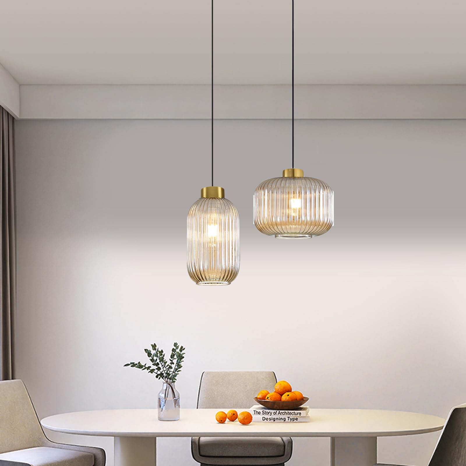 Lampadario Moderno in Vetro Rigato con Finitura Dorata e Cavo Nero, Eleganti Lampade a Sospensione per Sala da Pranzo, Camera da Letto o Cucina (Ambra, 24cm)