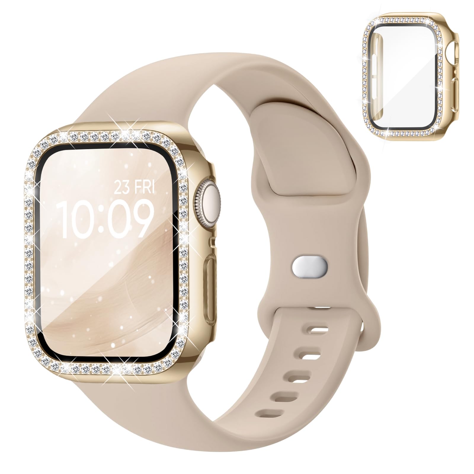 Silicone Band and Case Compatible with Apple Watch Bands for Women 40mm 44mm 41mm 45mm 42mm 46mm, Sport Strap with Bling Diamond Screen Protector Cover for iWatch Series 11/SE3/10/9/8/7/6/5/4 — view 9