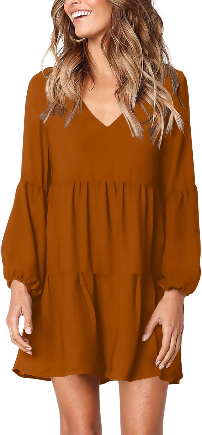 AmoretuWomens Tunic Dress Long Sleeve V Neck Casual Loose Flowy Swing Shift Dresses