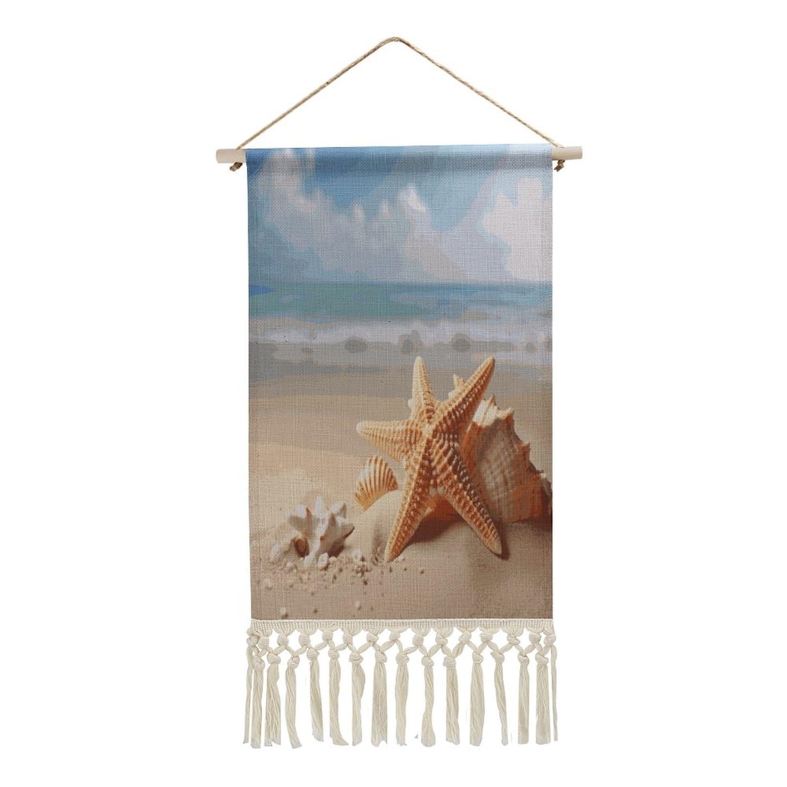 Adfgyerh Style Summer Starfish Seashell Tapestry With Tassels Cotton And Linen Hanging Posters, Wall Art For Travel Gift, Wall Tapestry For Office Home Decor Bedroom Living Room Decor