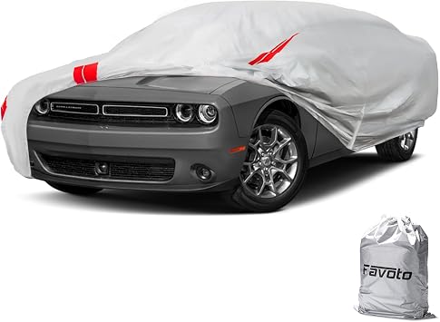 Favoto Car Cover Waterproof Custom Fit for Dodge Challenger 2008-2023 | Windproof Heavy Duty Car Cover for Automobiles Outdoor with Reflective Strips All Weather Rain Dust Snow UV Protection