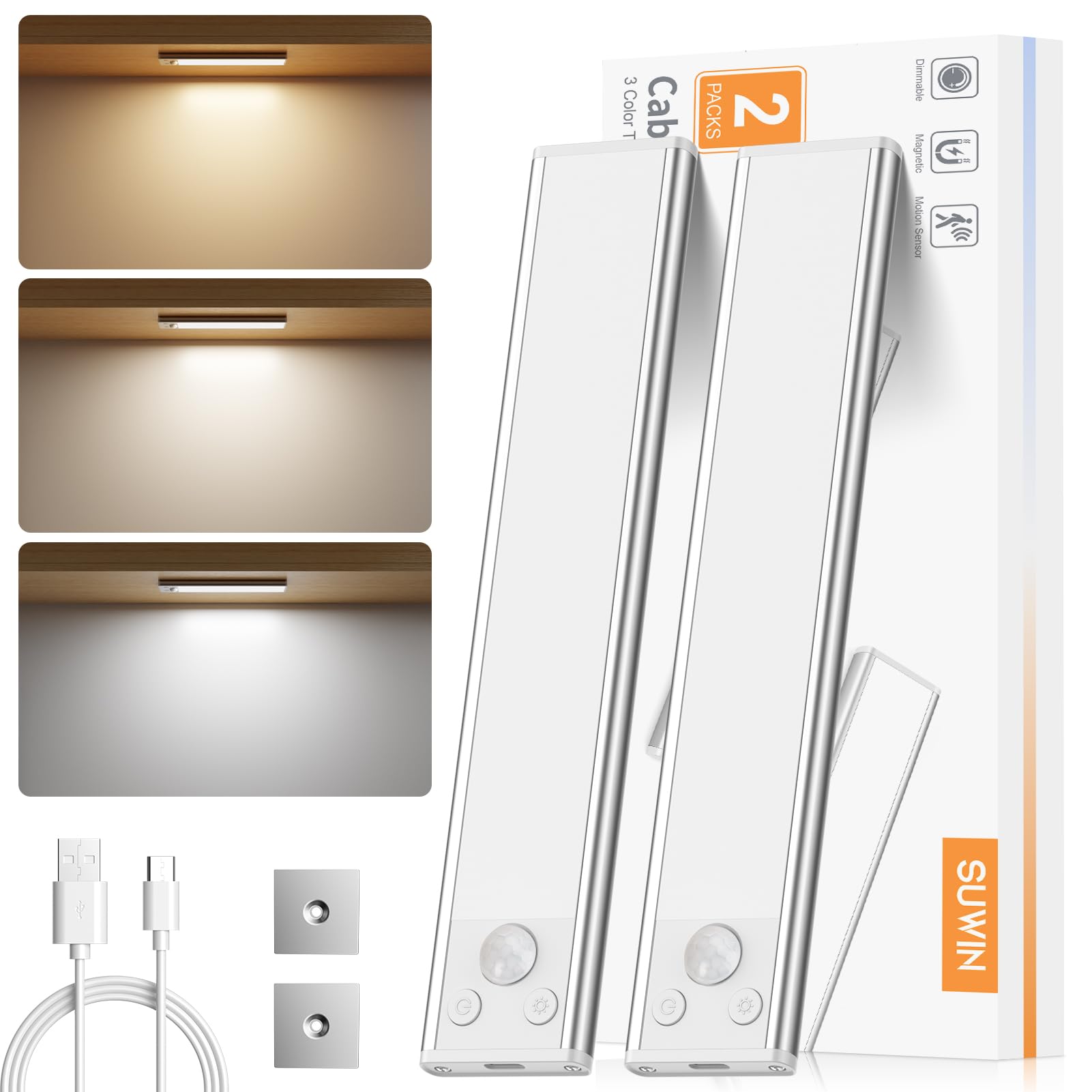 Oświetlenie LED Kuchnia z czujnikiem ruchu, ściemnialny pasek LED kuchnia z 3 trybami koloru, USB ładowalna lampka do szafki kuchennej, szafy, schodów, korytarza, garażu (2 sztuki)