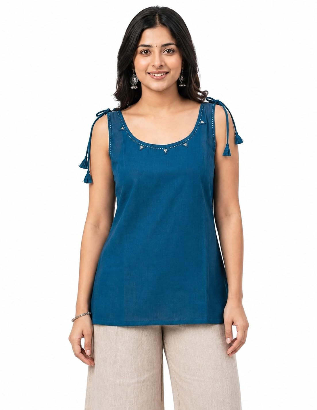 Women's Plain Dabu Cotton Short Kurti | Sleeveless Round Neck Short Kurta with Shoulder Tie-Up Tassel Detail | Regular Fit Casual Ethnic Tunic Top for Women & Girls-picture-28