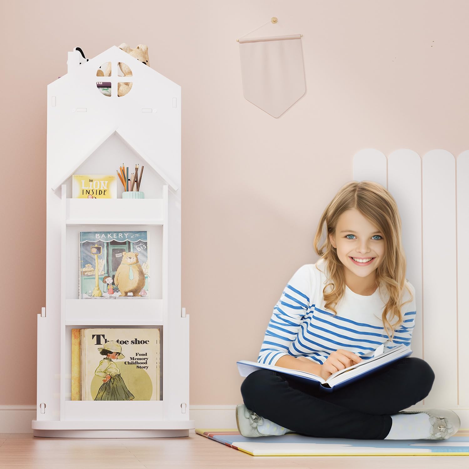 Nisorpa Bibliothèque rotative pour enfants en forme de maison, bibliothèque blanche pour enfants sur pied, bibliothèque château pour enfants