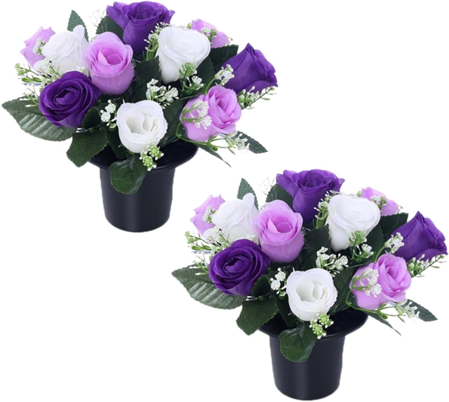 Pack 2 Artificial Flowers for Graves 25cm | 12 Head Purple White Grave Flower Pots | Perfect for Enhancing Memorial & Cemetery Decor | Improved Design for Funeral Elegance & Lasting Tribute. โ image 1