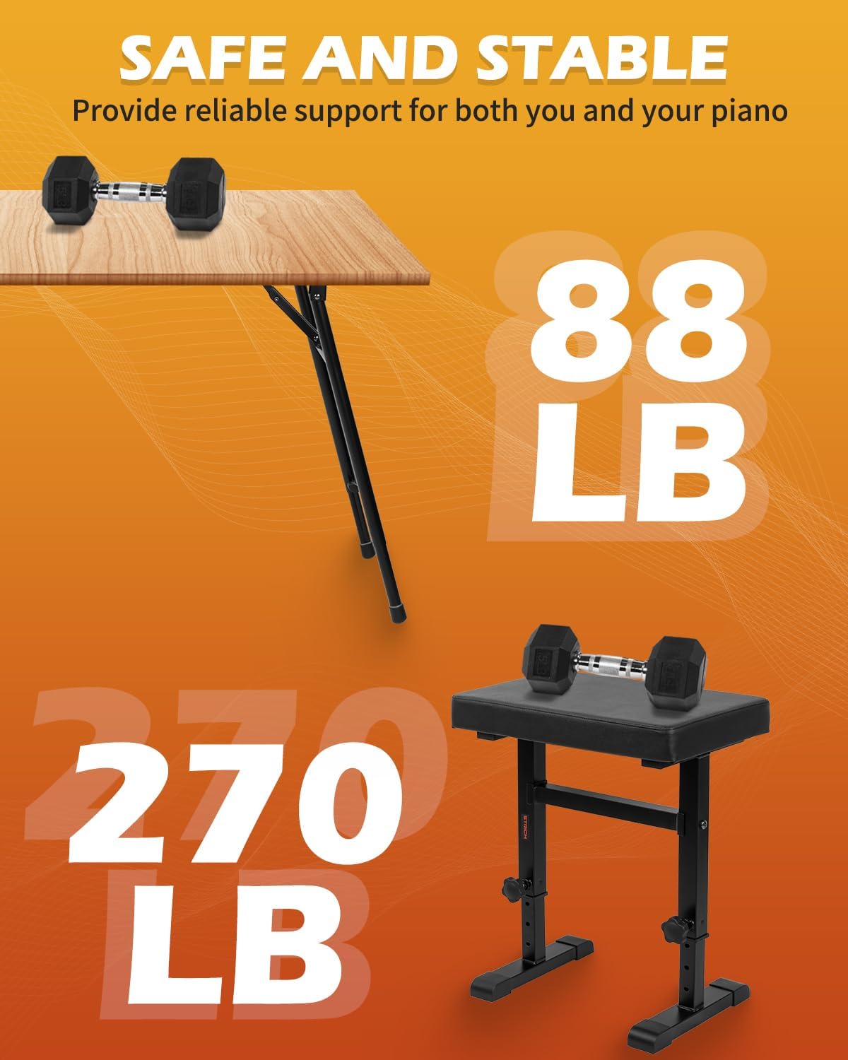 STRICH keyboard stand supporting 88 lbs and bench supporting 270 lbs, demonstrating stability