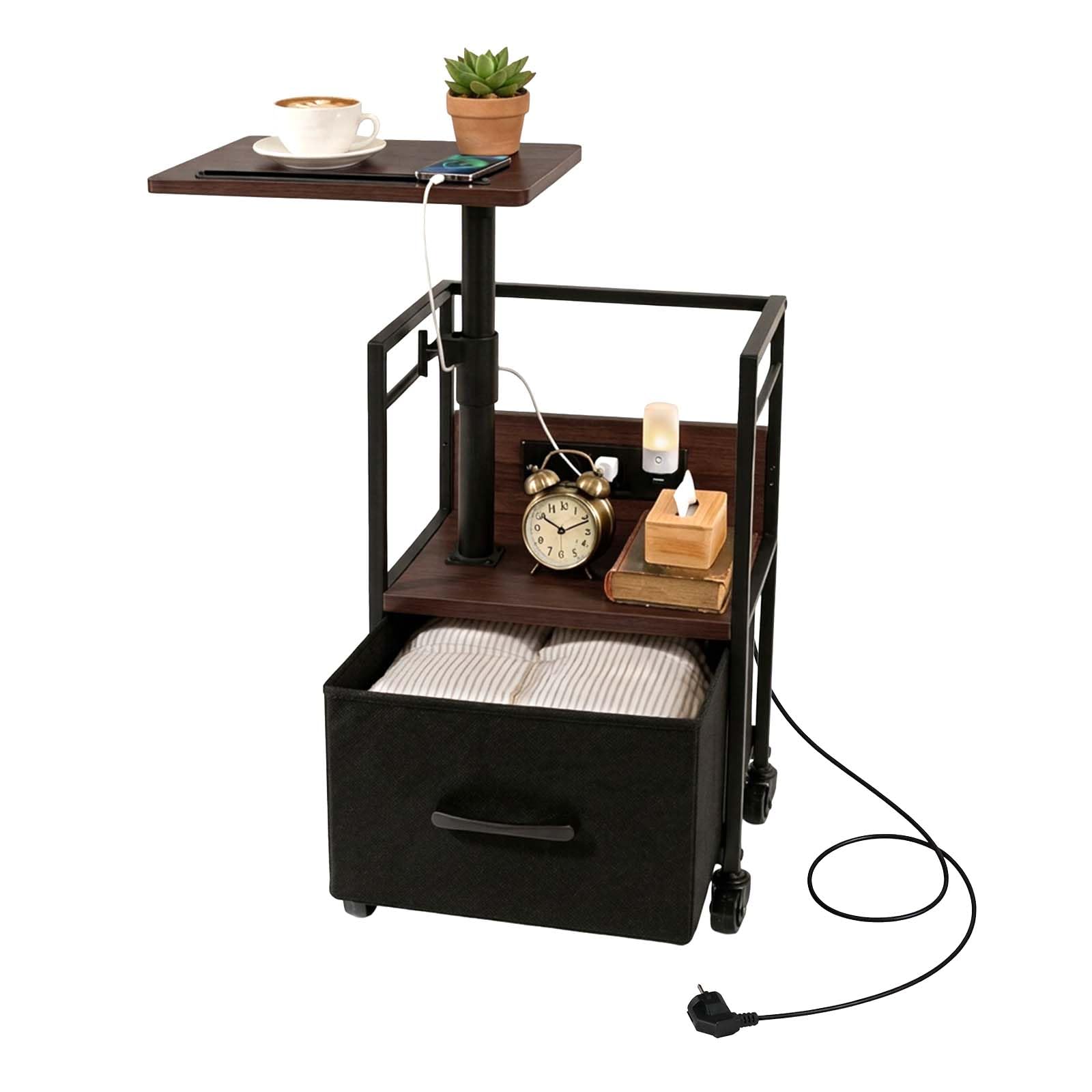Mesita de Noche con Enchufe y USB, Mesa Auxiliar con Ruedas y Freno, giratoria 360° y Altura Ajustable, Gran almacenaje con cajón, Acabado Negro Nogal, Poste Reforzado, salón y Dormitorio