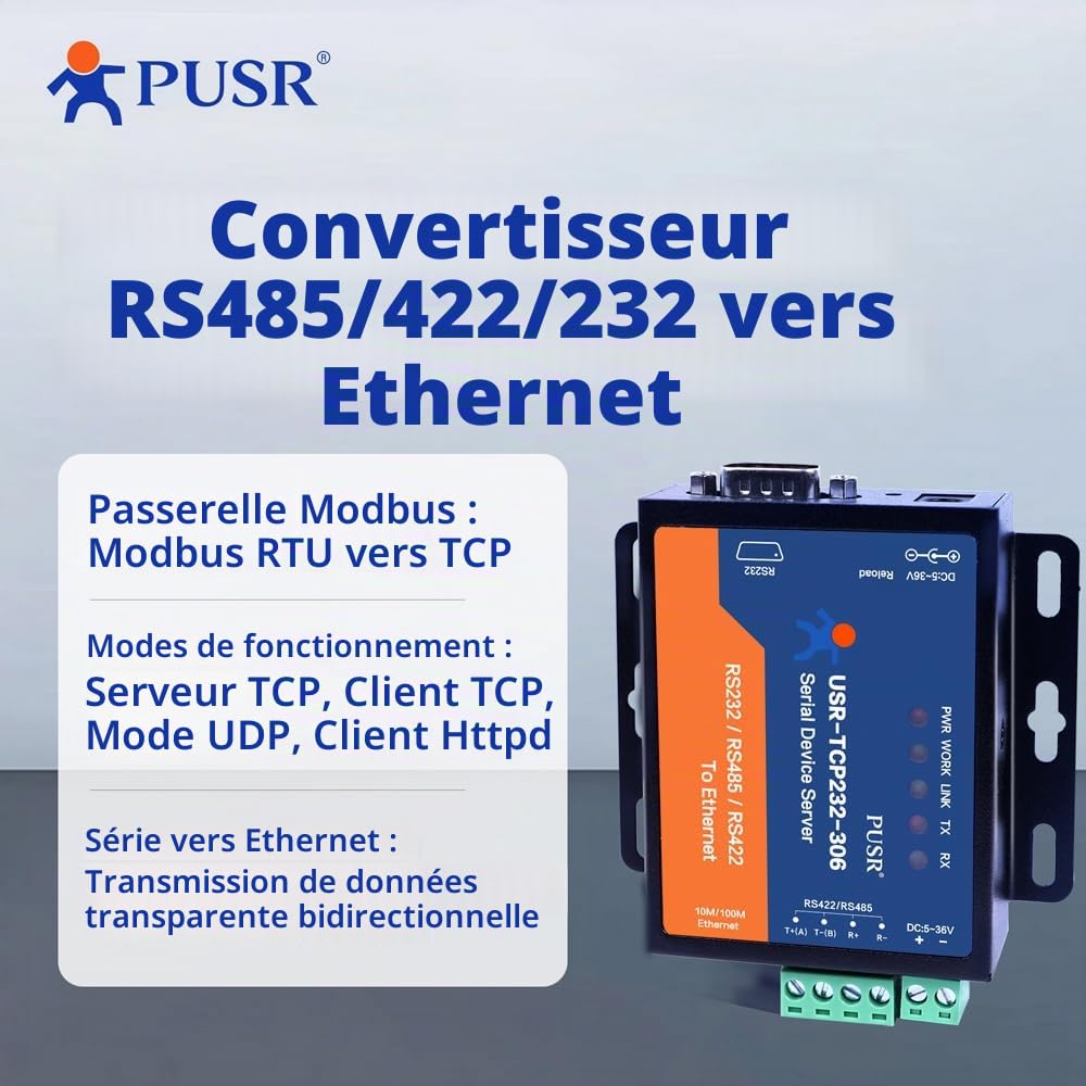 USR-TCP232-306 Convertisseur Série vers Ethernet (RS232/RS485/RS422) - Passerelle Modbus RTU vers TCP avec Protection Watchdog et Configuration Web, Alimentation 5V Incluse