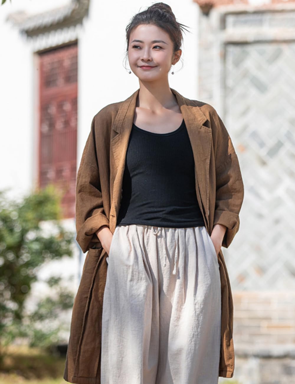 NFYM Women's Linen Long Blazers Notch Lapel Open Front Button Casual Loose Suit Coat Jackets with Pockets