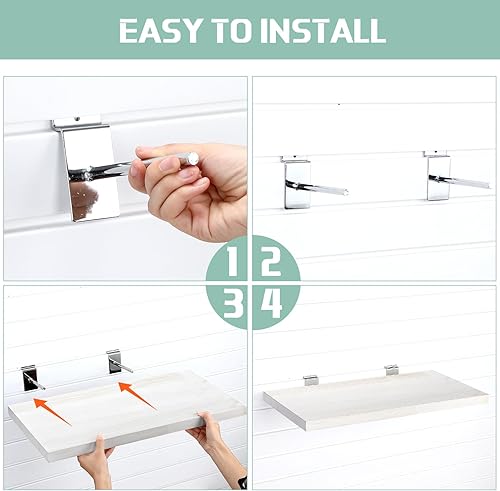 Miniatura 5 de Landical Paquete de 4 estantes de madera de pared de listones, estantes blancos con ganchos de metal, juego de accesorios montados para garaje,