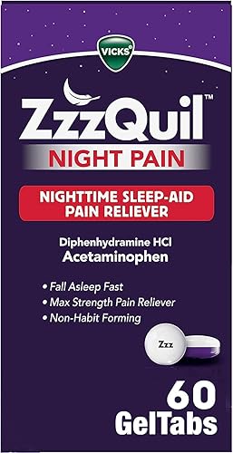 ZzzQuil Cápsulas de gel para el dolor nocturno, alivio del dolor nocturno, tabletas de ayuda para dormir, difenhidramina HCl y acetaminofeno, marca