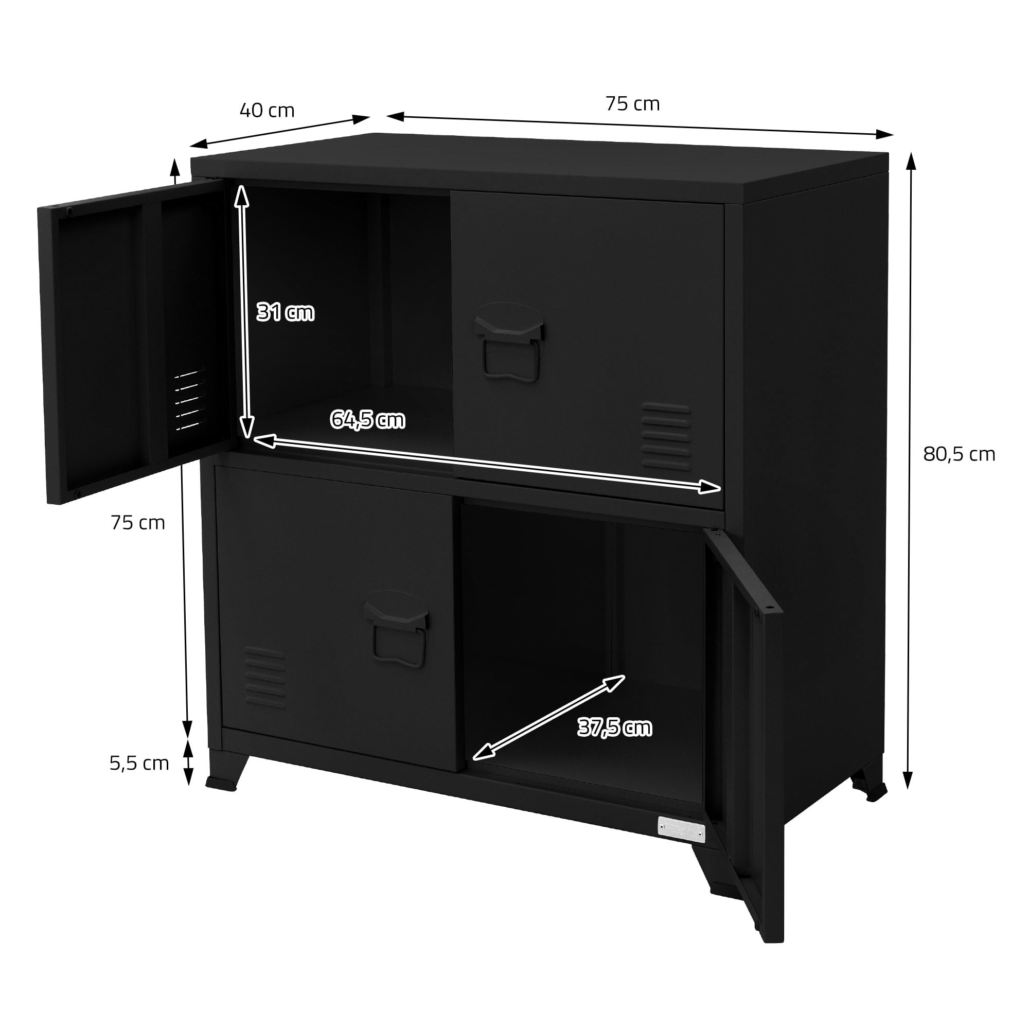 ML-Design Schedario da Ufficio 75x40x80,5 cm Nero Acciaio Mobile a 4 Gambe Armadietto in Metallo 4 Ante 2 Scomparti Interni Armadio Industriale Portadocumenti in Acciaio di Stoccaggio Portaoggetti