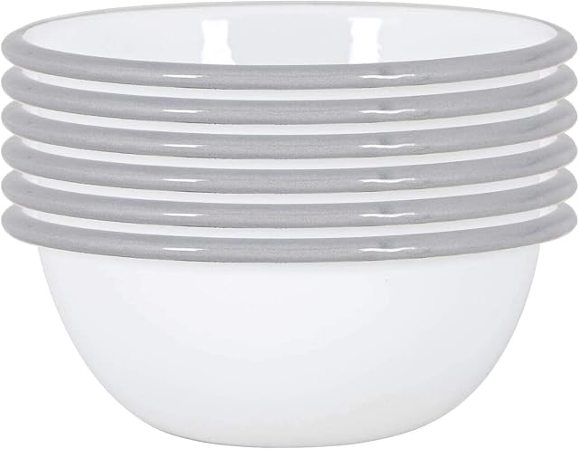 Argon Tableware White Enamel Bowls - Metal Outdoor Camping Food Dishes - 16cm - Grey - Pack of 6