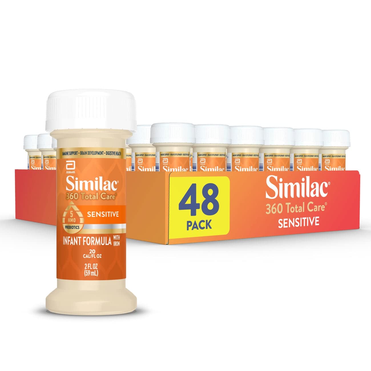 Similac360 Total Care Sensitive Infant Formula for Fussiness & Gas Due to Lactose Sensitivity, Has 5 HMO Prebiotics, Baby Formula, Ready to Feed, 2-fl-oz Bottle, Pack of 48
