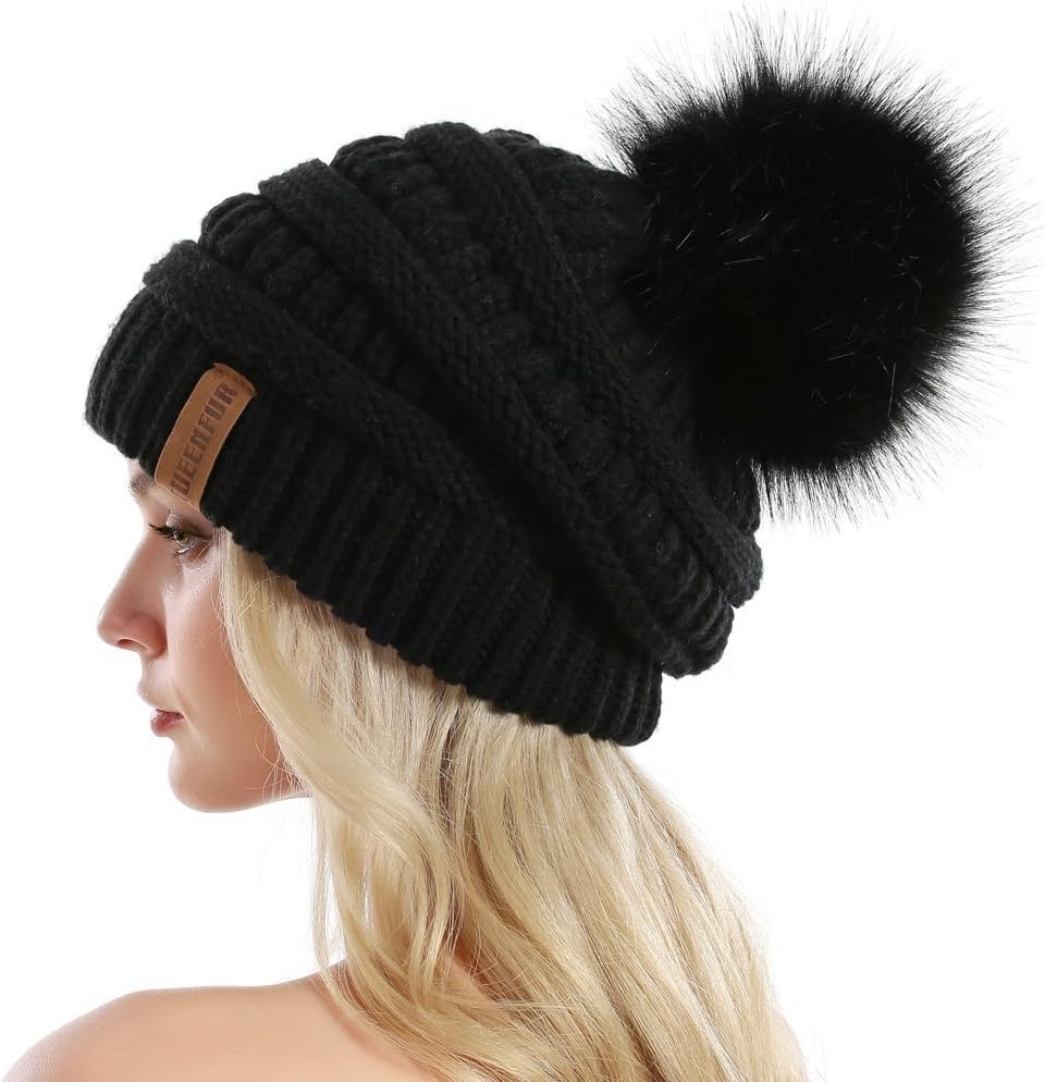 Women Knit Slouchy Beanie Chunky Baggy Hat with Faux Fur Pompom Winter Soft Warm Ski Cap