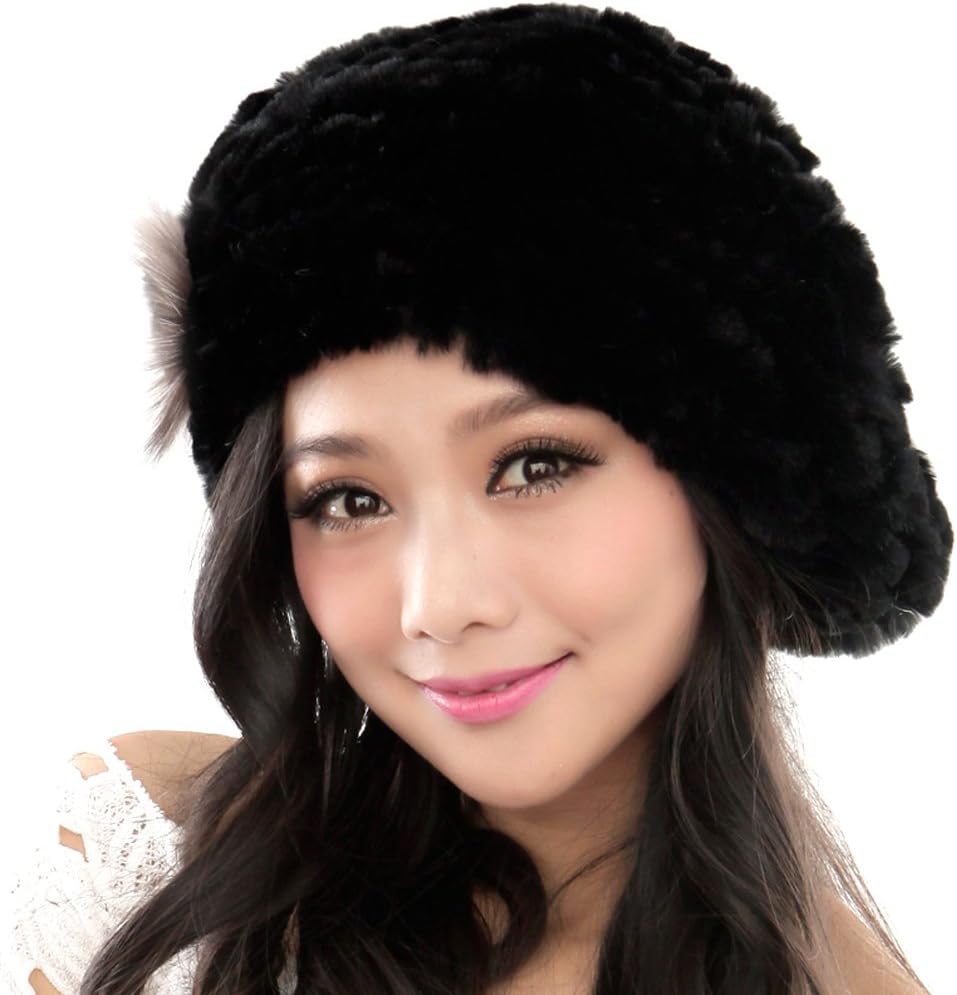 URSFUR Winter Women's Rex Rabbit Beret Hats with Flower