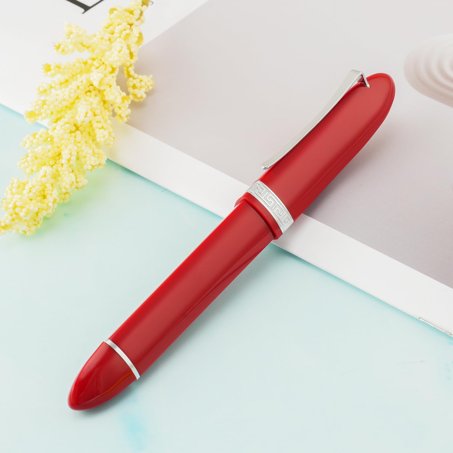 erofa Majohn V60 Triangular Piston Fountain Pen Extra Fine Nib, Red Silver Resin Writing Office Pen with Gift Box
