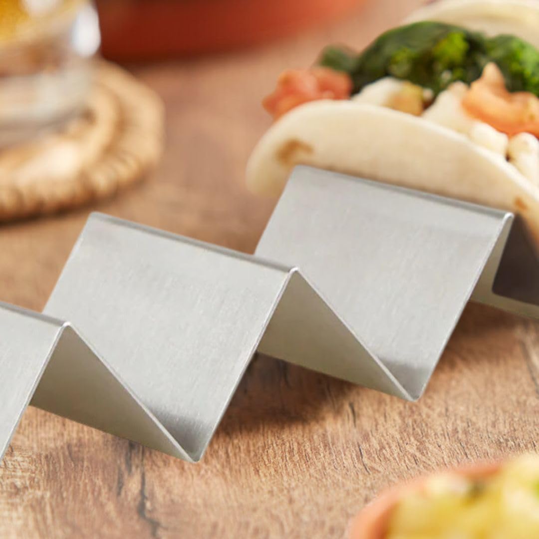 Soro Essentials- Set of 2 Stainless Steel Taco Holder 4-5 Slots- Soft or Hard Taco Shell Holder Stands for Party Taco Rack Street Taco Rack Taco Tray Plates Keeping Shells Upright Brushed finish