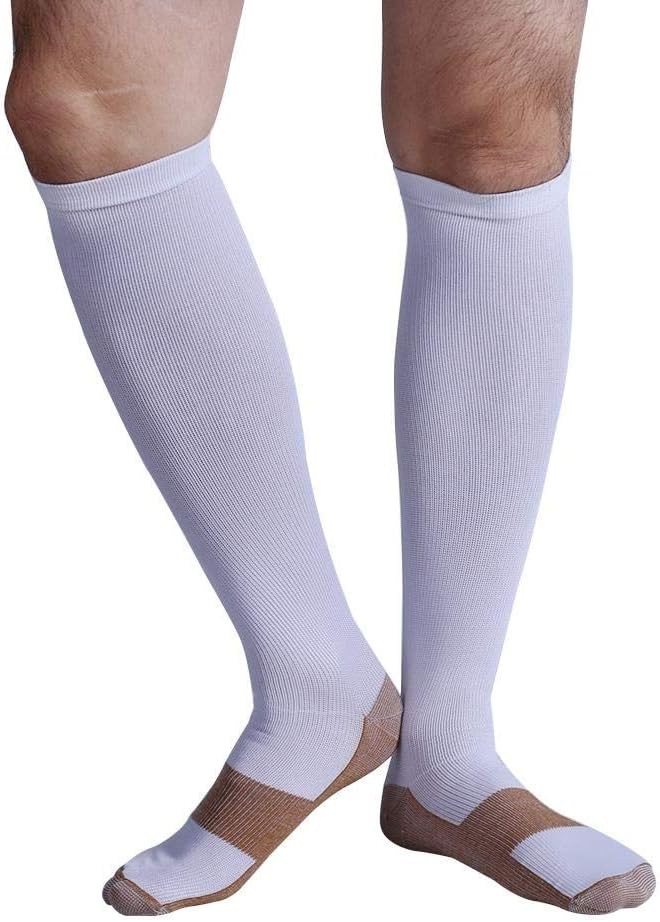 Graduated Compression Copper Socks (3 Pairs) Below Knee Calves High Support Recovery Stockings Aid Blood Circulation Relieves Feet Foot Calf Ankle Pain and Aches (White, XX-Large)