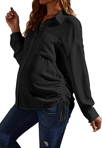 OYOANGLE Blusa de maternidad para mujer, con bolsillo frontal, manga larga, dobladillo con cordón