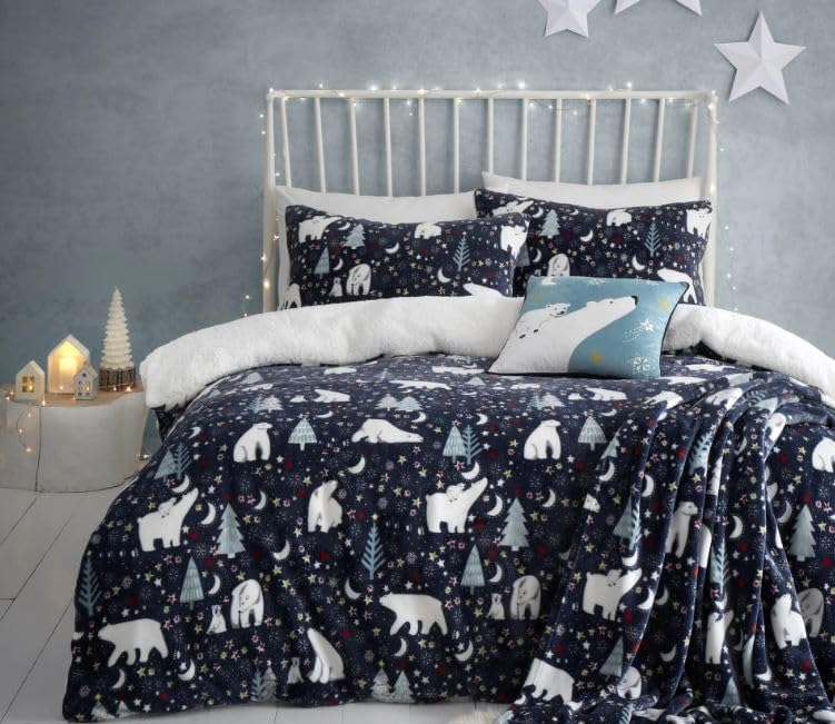 Fusion Christmas - Starry Night - Fleece Throw - 120 x 150cm in Blue, (SYHBEZJPPU), Starry Night & Polar Bear - Image 2