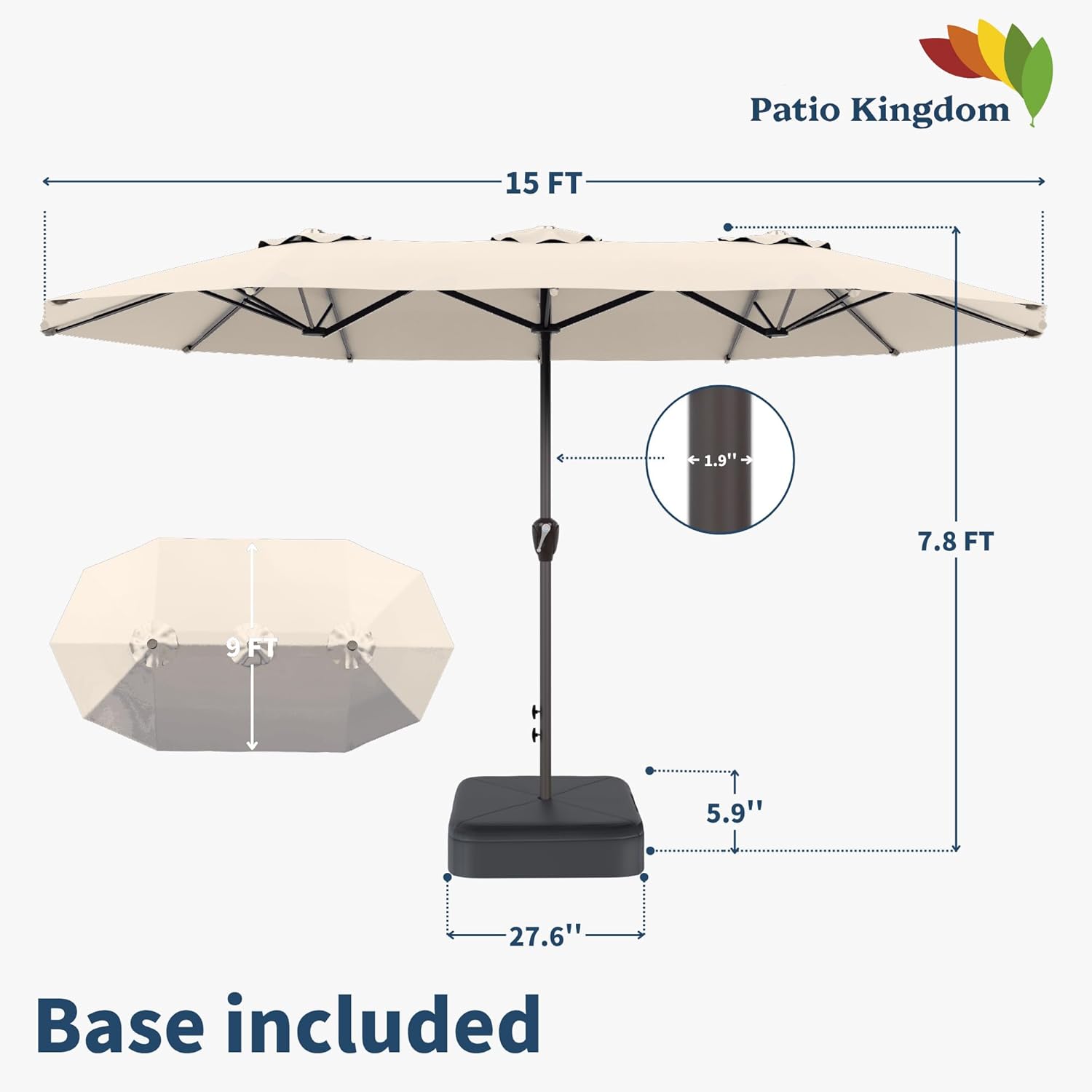 15FT Double Sided Patio Umbrella with Base Included Large Outdoor Market Umbrella with Crank Handle, UV Resistant Canopy, Sturdy Frame for Garden, Poolside, Deck, Beige