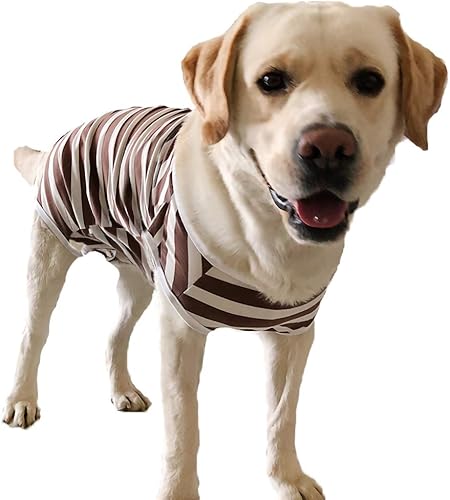 Vista 24 de Traje de recuperación para perros, camisa poscirugía para cachorros, ropa protectora de heridas para animales (rayas blancas y rosadas, XL)