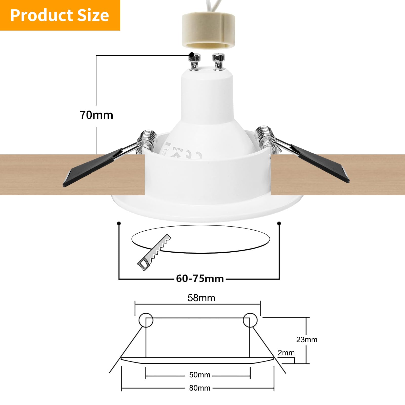 GeyouLux Marco Foco Empotrable Blanco Incl. GU10 Zócalo Ojos de buey led para techo Aluminio Downlight led techo empotrable Para Ø50MM MR16 Lámparas O Halógena Baño Sala Cocina, 6 Pack, 68mm