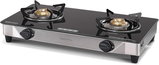 Usha Ebony Neo GS 2003 Stainless Steel Manual Ignition Thick Toughened Glass Top 2 Burner Gas Stove (Black)