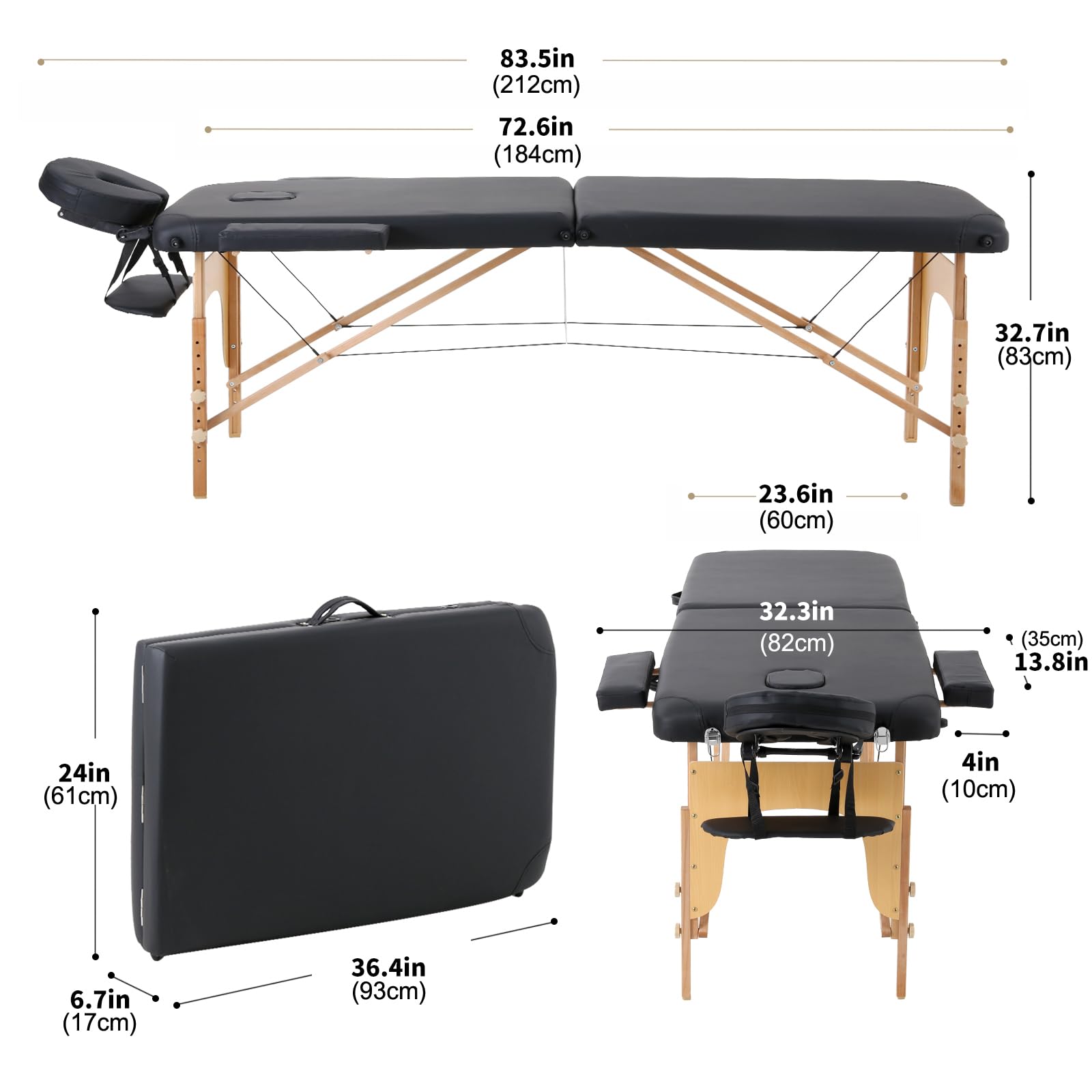 Panana 2-Zonen Massageliege Tragbare Massagebank Höhenverstellbarer Massagetisch mit Kopfstütze und Abnehmbare Armlehnen aus Holz (Schwarz)
