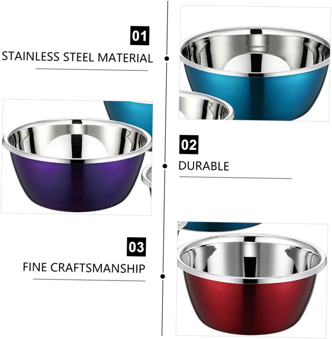 Stainless Steel Nesting Mixing Bowls Set 3pcs, Kitchen Food Prep Bowls with Colorful Finish, Sturdy Household Bakeware for Cooking and Serving