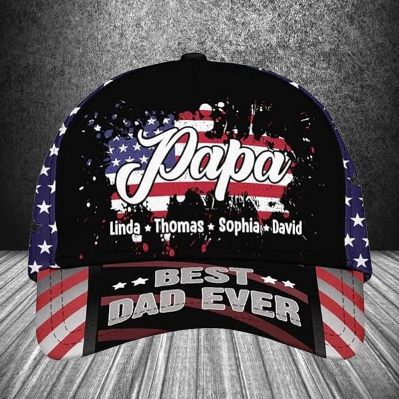 Personalized Dad Papa Cap, Papa with Grandkids USA Flag Cap, Custom Papa Cap, Dad Cap, 3D Baseball Cap Men, Baseball Cap for Dad, Fathers Day Hats for Men, for Dad Papa, Small-Large