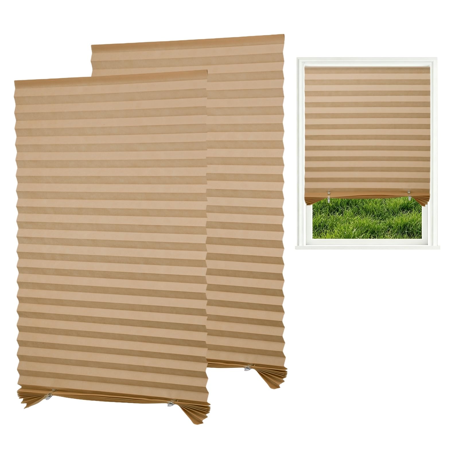 sourcing map 2 Pack No Drill Blinds for Windows, 90 x 150 cm Stick on Blackout Temporary Blinds Curtains with 4 Clips for Bedroom Kitchen Bathroom, Brown