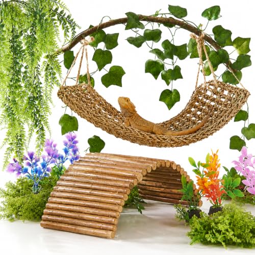 Image of Bearded Dragon Tank Accessories, Reptile Mat Hammock Plants Bridge Jungle Climber Vines Terrarium Decorations for Leopard Gecko, Hermit Crab Lizard Snake (9 PCS Without Reptile Mat)