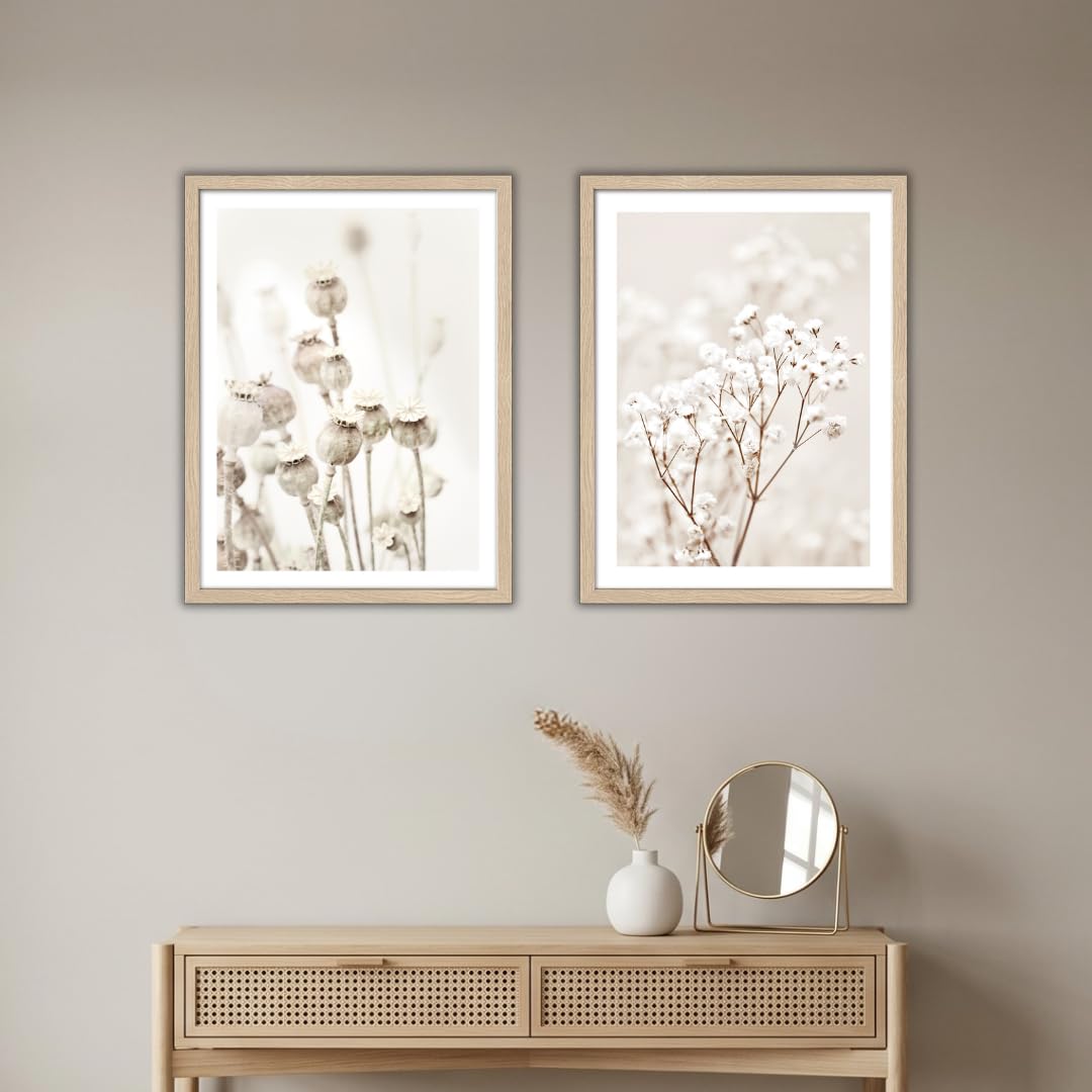 Pro-Art Gerahmte Wandbilder 2er Set 33x43 cm – Zarte Trockenblumen & Mohnkapseln Beige Boho Wanddeko Holzrahmen mit Glasscheibe Wohnzimmer Bilder mit Rahmen – Made in Germany