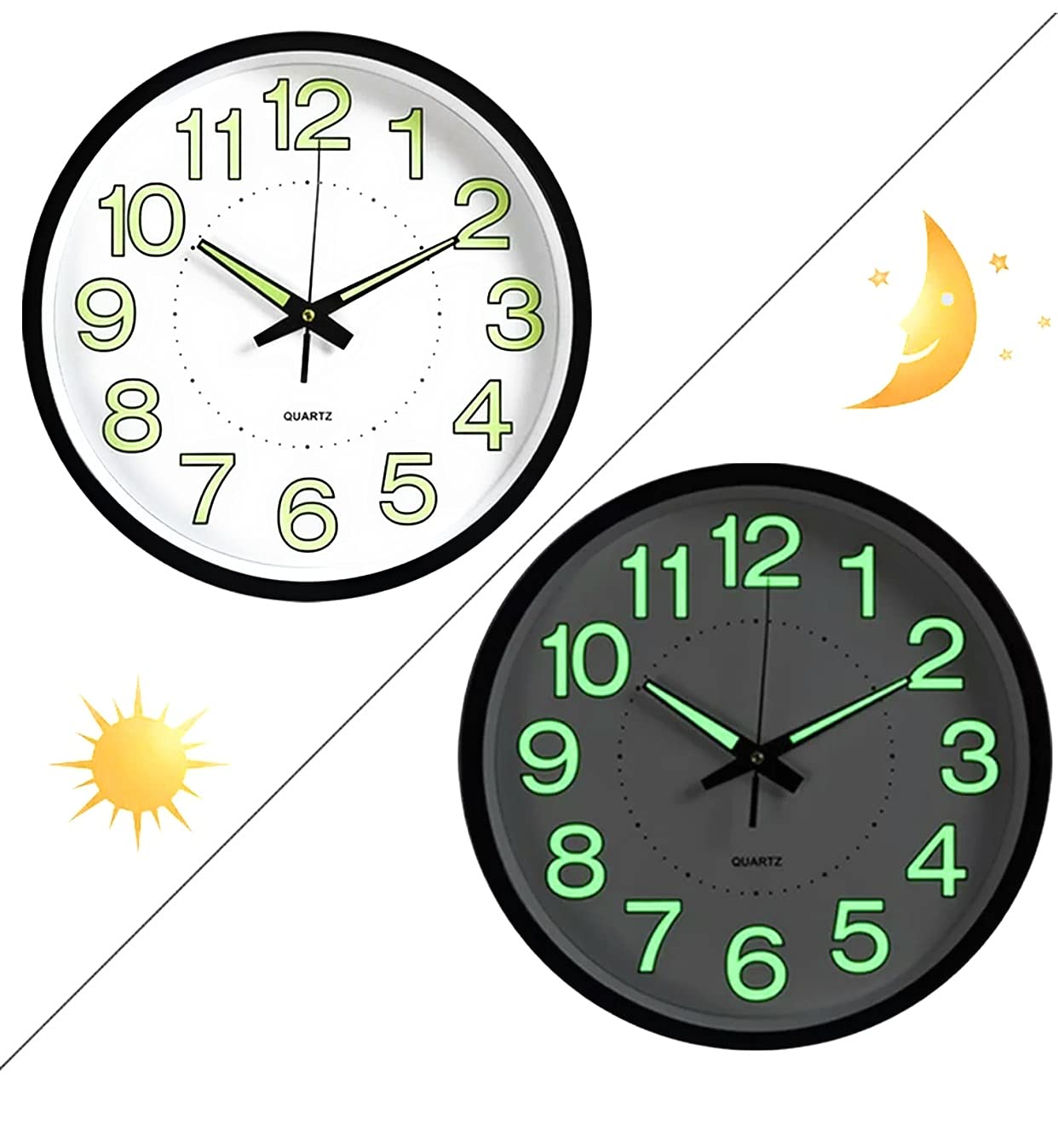 12" Round Luminous Wall Clock Glow In The Dark Night Light Silent Quartz Clocks (White)