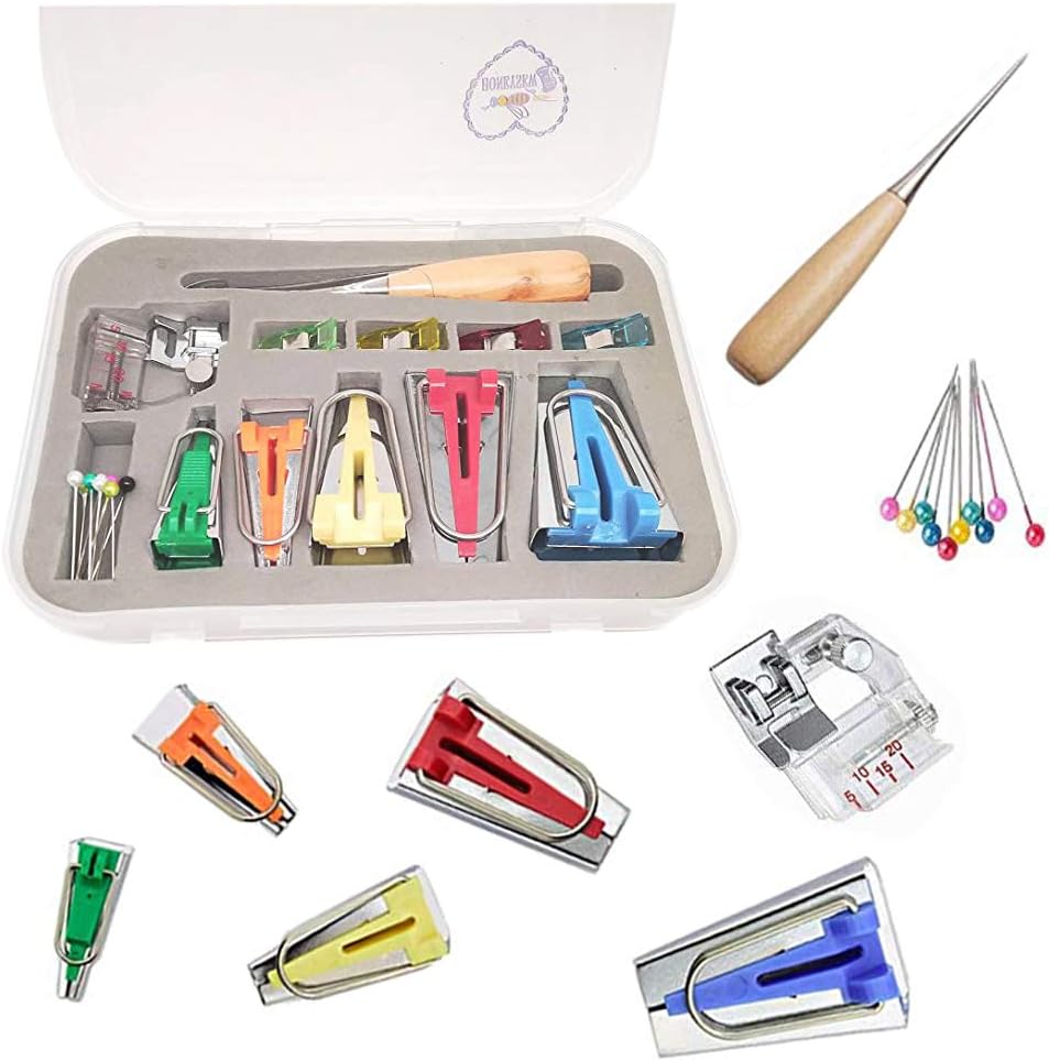 HONEYSEW Bias Tape Maker Kits All 5 Sizes 6MM 9MM 12MM 18MM 25MM Binding Foot Craft Clips Awl Quilter's Pin