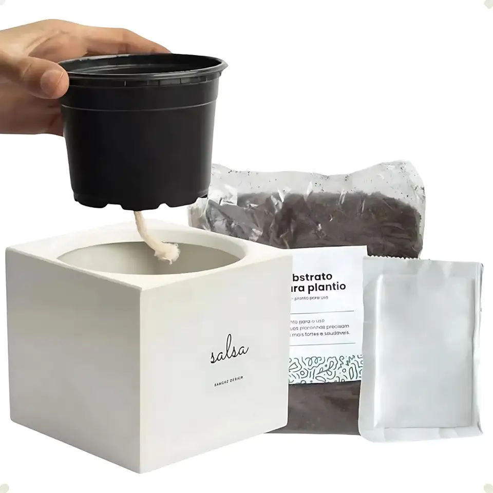 Kit Horta Urbana Vaso Autoirrigavel C/Substrato Semente Cebolinha Minimalista Decorativo Branco Cinza Rosa Creme 10cm x 11cm (Branco) (Branco)