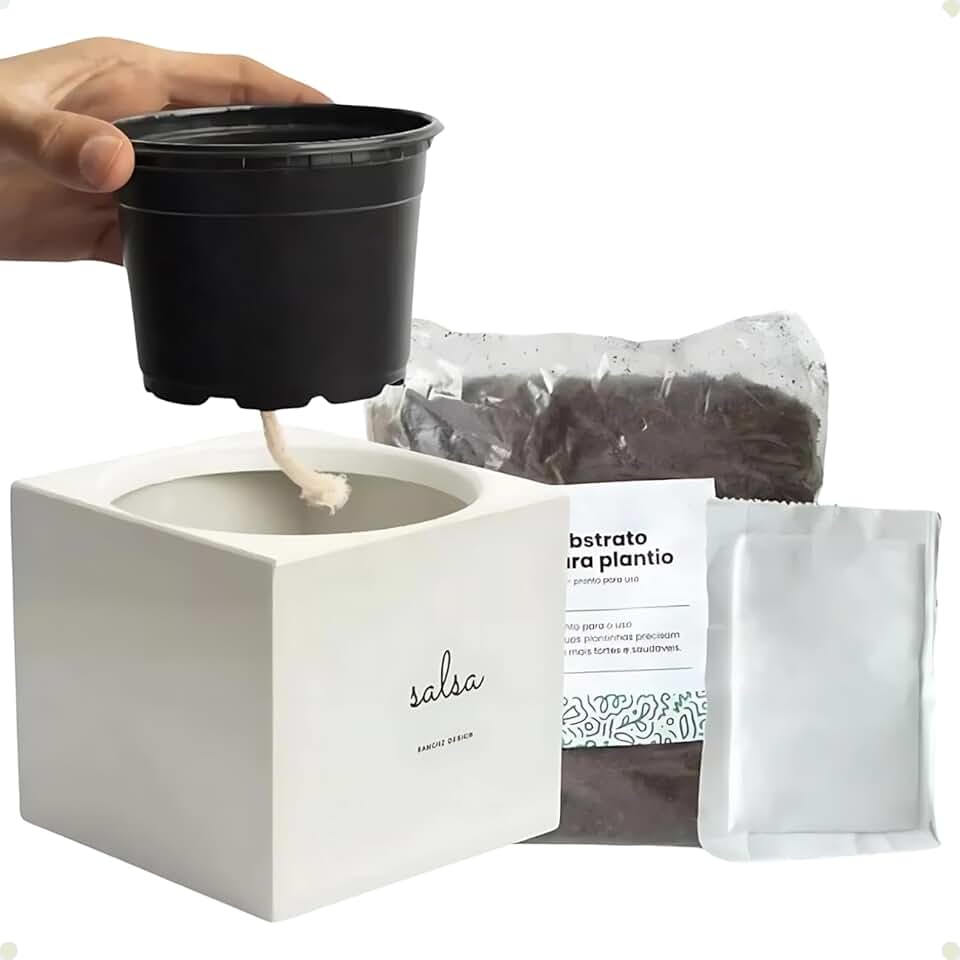 Kit Horta Urbana Vaso Autoirrigavel C/Substrato Semente Hortelã Minimalista Decorativo Branco Cinza Rosa Creme 10cm x 11cm (Cinza Claro)
