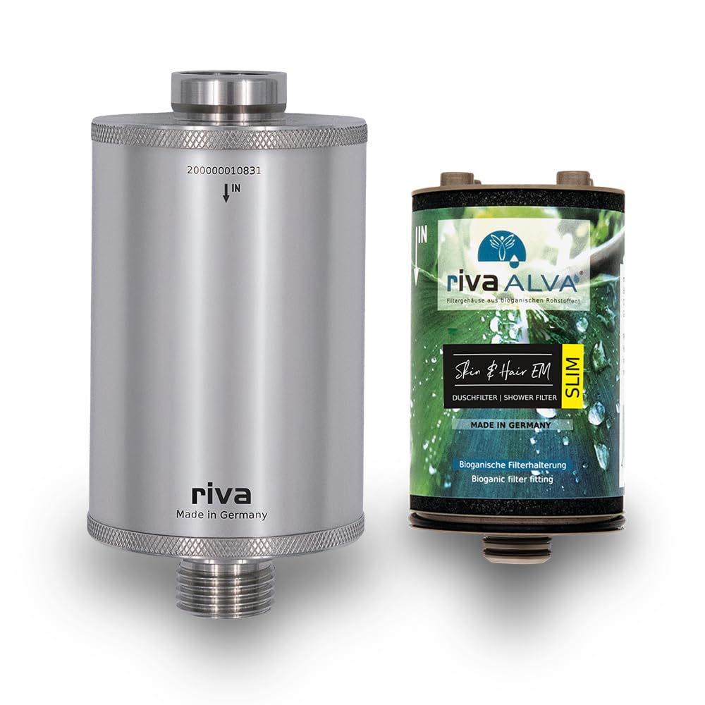 rivaALVA Skin & Hair EM SLIM Edelstahl Duschfilter - Wasserfilter mit Blockaktivkohle und EM-Keramik - Filterung von Schwermetallen, Chlor