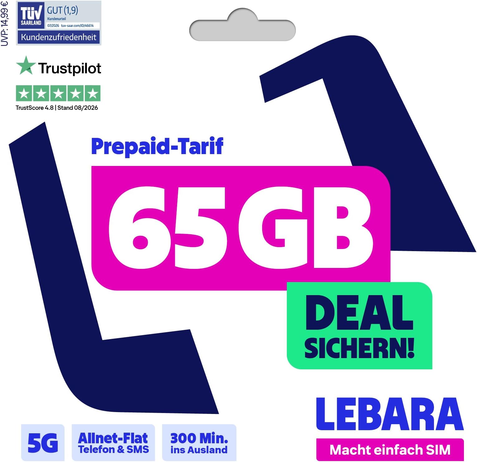 Lebara HELLO! M Prepaid SIM Card | 13 GB LTE, Allnet Flat in German Networks, 150 Minutes Abroad, EU Roaming