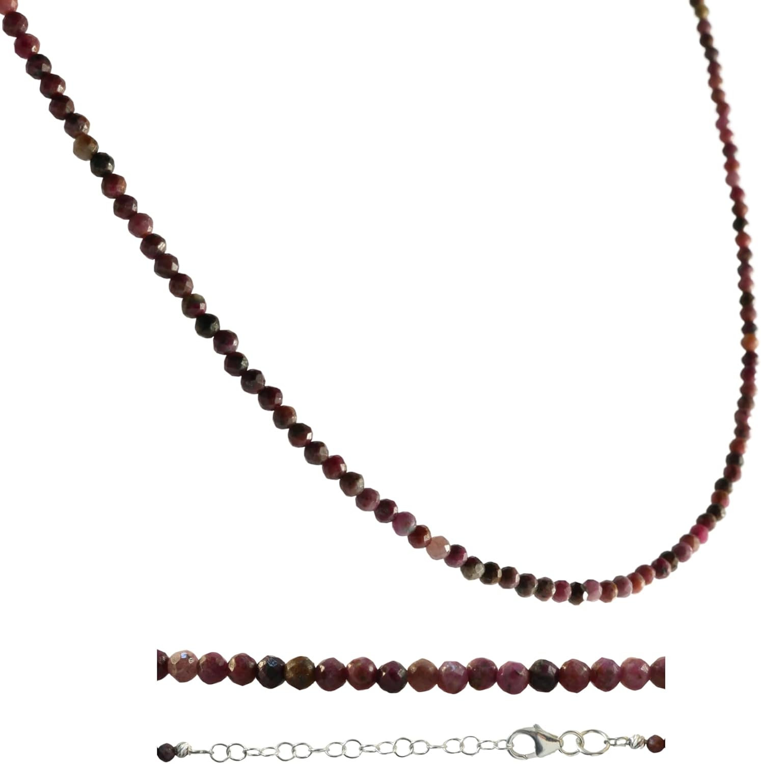 Natural Gemtone Beads Handmade Strand Necklace with Silver Chain Extender for Women - Available in Gray Labradorite, Green Zoisite, Red Garnet, Moonstone, Multi-Color Tourmaline, Black Spinel, Ruby Stones - Image 8