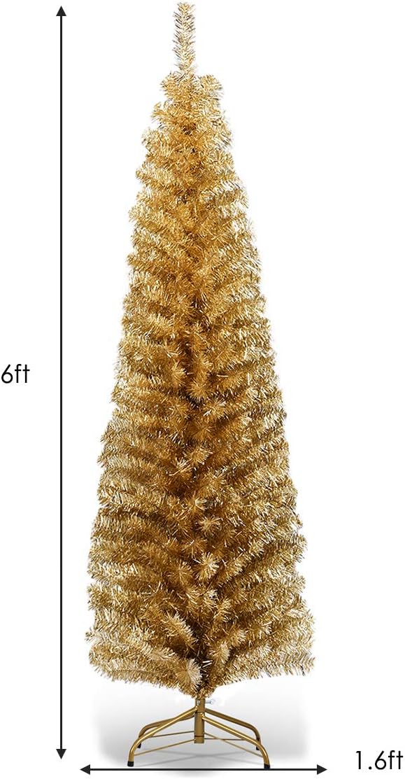 DORTALA Gold Pencil Christmas Tree 6FT, Slim Unlit Xmas Tree with Metal Stand, 520 Branch Tips, Decor Skinny Small Tree for Home Office