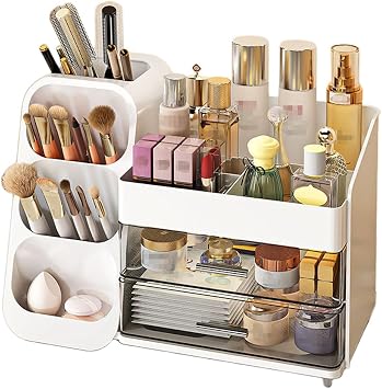 Makeup Organizer with Drawer, Skincare Products Perfume Desk Storage Box, Beauty Holder Rack for Lipstick Brush Eyeliner, Cosmetic Display Case for Dresser Countertop & Bathroom Vanity White