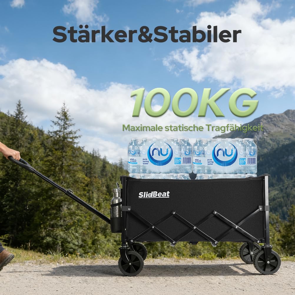 SLIDBEAT Bollerwagen Faltbar 120L 100KG, Abnehmbarer Stoffbeutel Faltbarer Bollerwagen All Terrain Räder Verstellbarem Griff, Klappbollerwagen mit Getränkehalter Für Camping Outdoor Garten Shopping