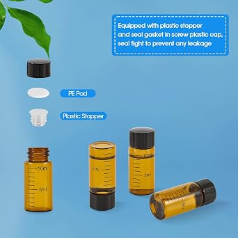 10ml アンバーガラスグラデーションバイアル スクリューキャップとプラスチックストッパー付き 小さなサンプルバイアル 蓋付き 漏れ防止 液体保存 空のバイアル 12個