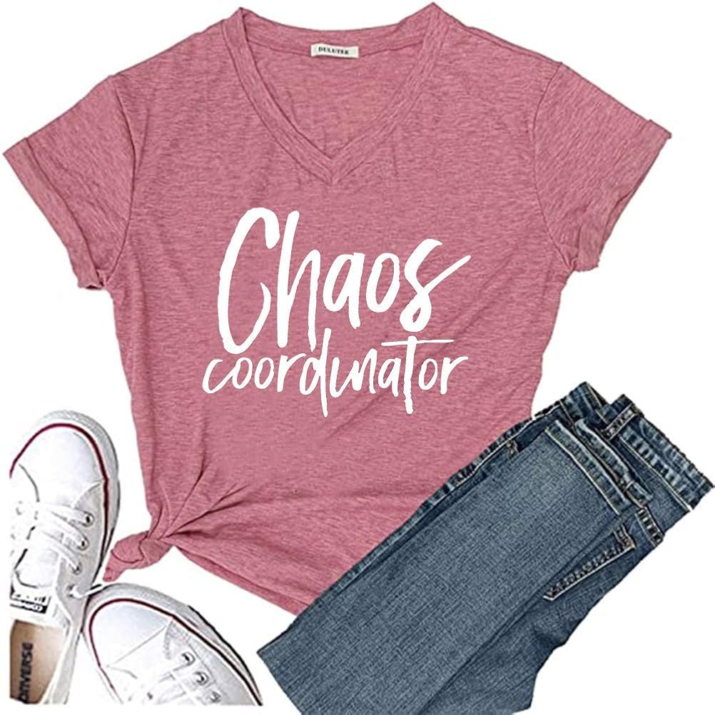 Chaos Coordinator T Shirt Women Funny Letter Print T-Shirt Tees Casual Loose V-Neck Short Sleeve Tops Blouse : Clothing, Shoes & Jewelry