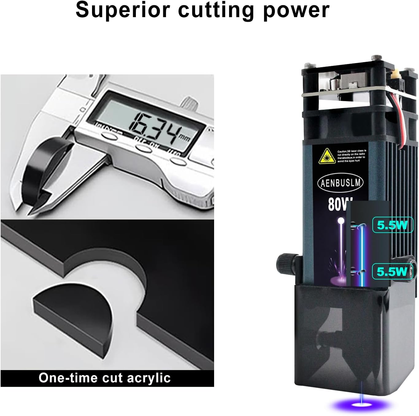 Image demonstrating the cutting power of the AENBUSLM laser module on acrylic, showing a clean, one-time cut.