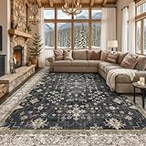 Black Boho Rug for Living Room 9x12 - Washable Dining Room Rugs for Under Table, Vintage Soft Low Pile Carpet for Bedroom, Non-Slip Farmhouse Bohemian Large Tumble Rug for High Traffic Area